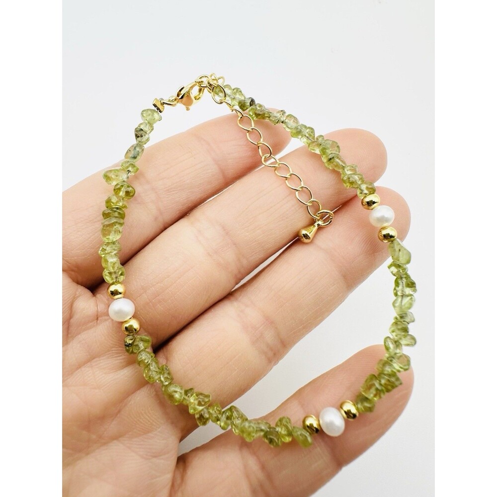 Natural Peridot Freshwater Pearl Beaded Bracelet 8.75”